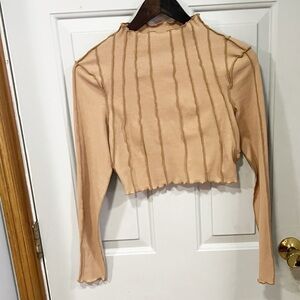 Shein Ribbed Knit Seam Front Crop Top Womens Size‎ Medium Tan Long Sleeve